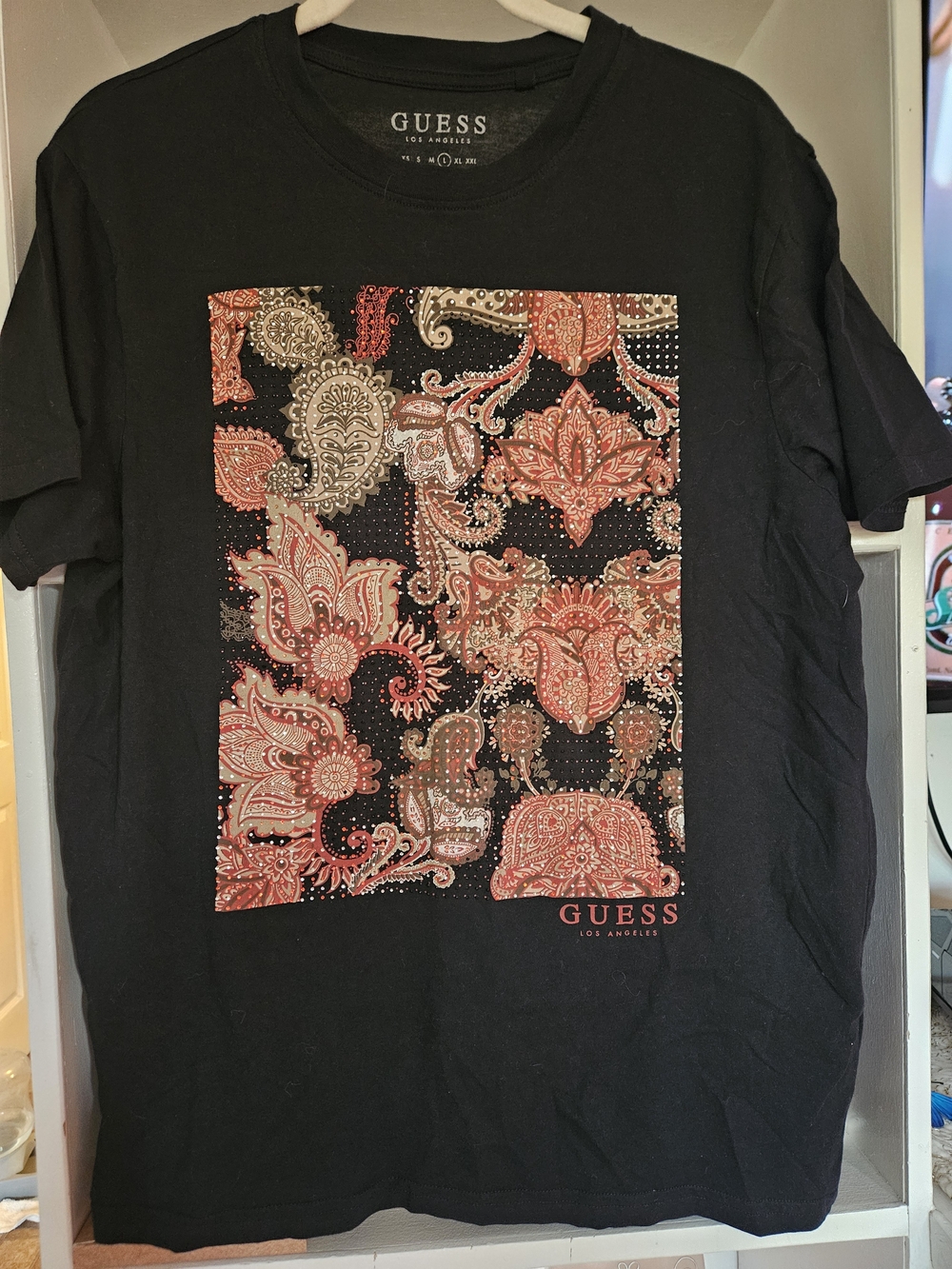 GUESS Black Short Sleeve Tee with Red and Tan Paisley Panel and Silver Studs